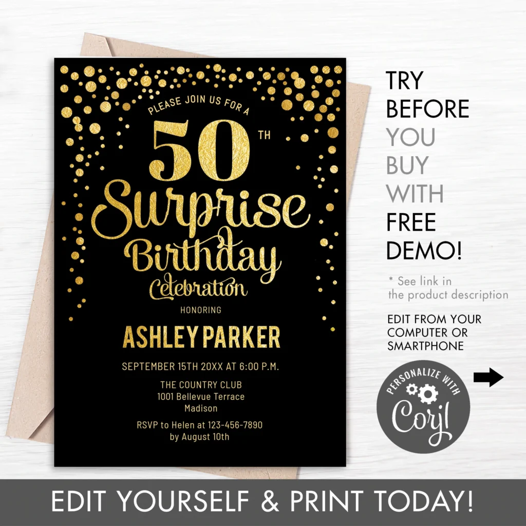 50th Surprise Birthday Invitation Gold