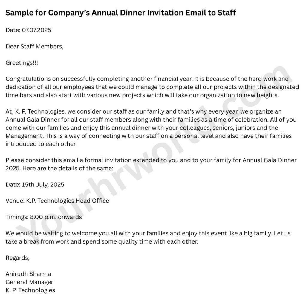 Annual Dinner Invitation Email To Staff
