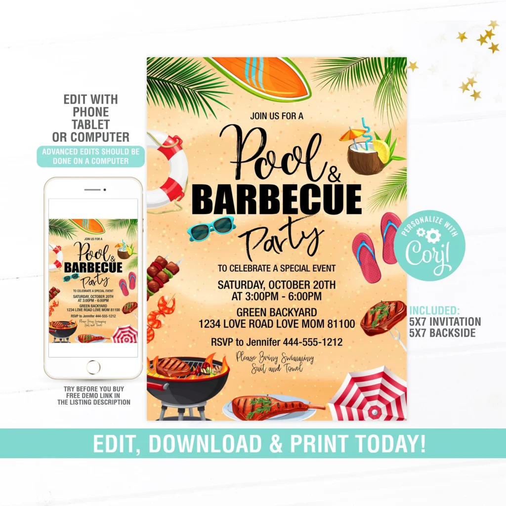 Bbq And Pool Party Invitations Editable Bbq And Pool Party Invitations Editable