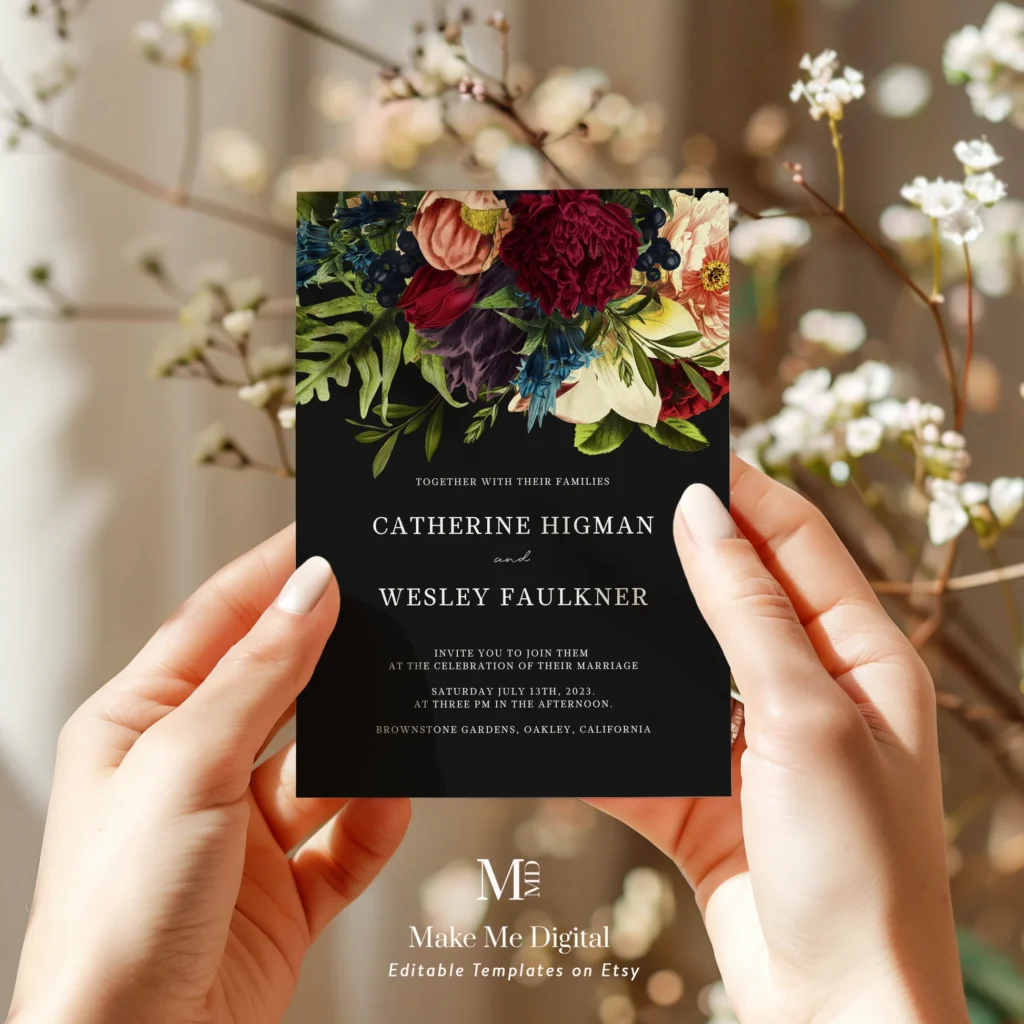 Black Moody Floral Wedding Invitation Evite