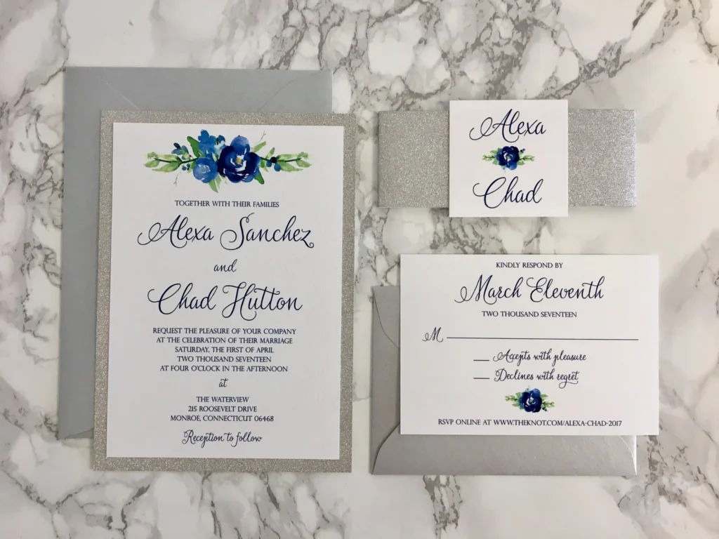 Blue Watercolor Flowers And Silver Invitations