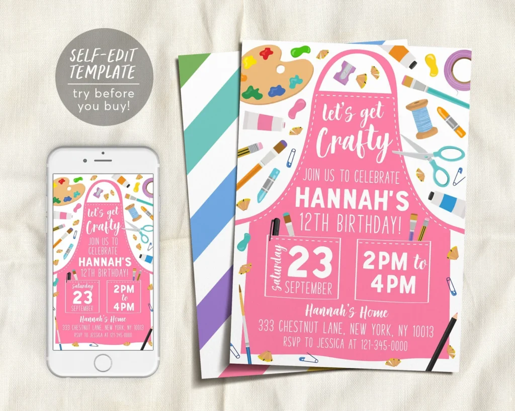 Craft Birthday Party Invitation Editable Template Summer Craft Art Party Crafting Theme Birthday Dress For A Mess Painting Invite Evite 346360266