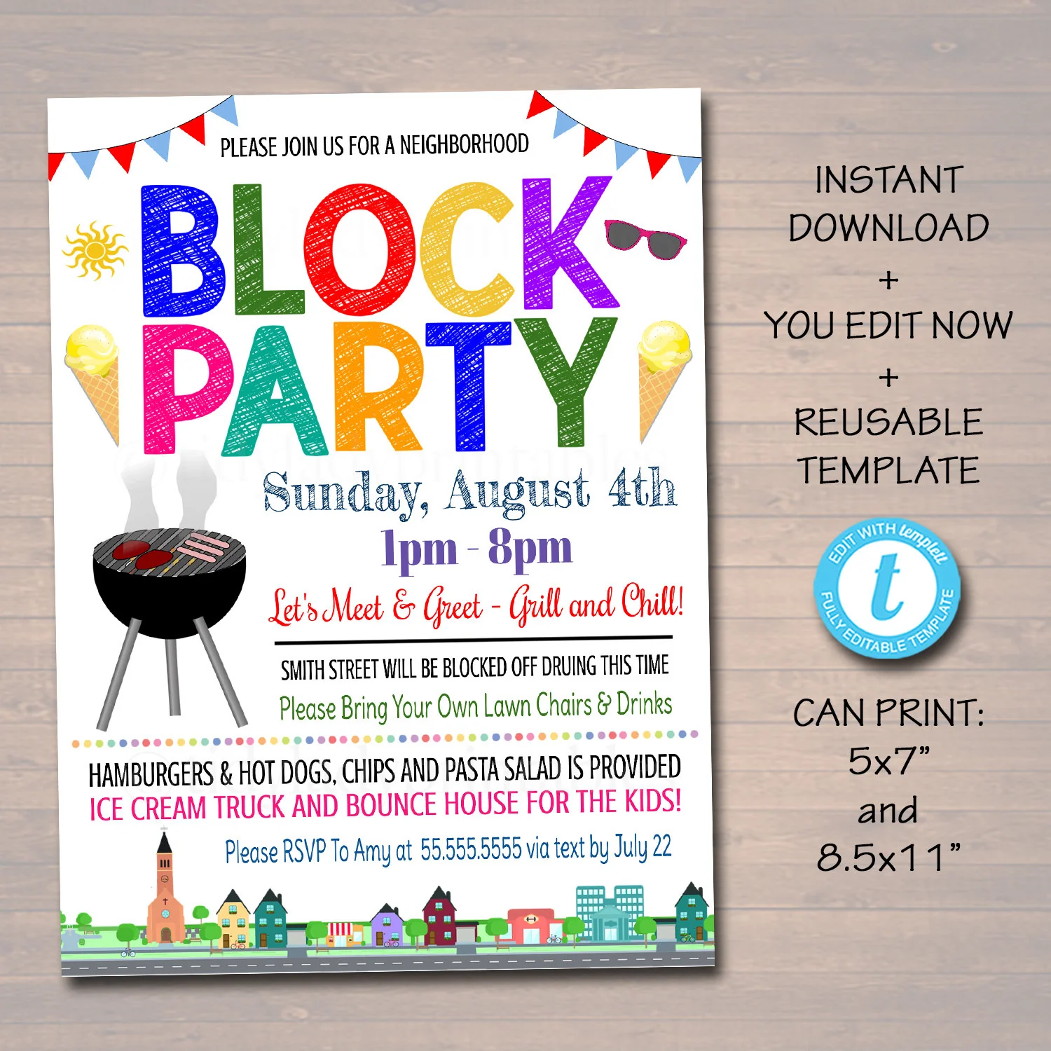 Editable Neighborhood Block Party Invite Printable Invitation Bbq Picnic Summer Party Announcement Card Digital Flyer Instant Download 9303