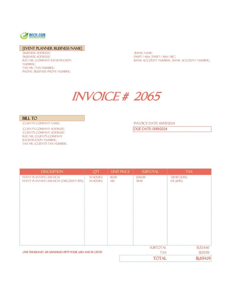 Event planner invoice template