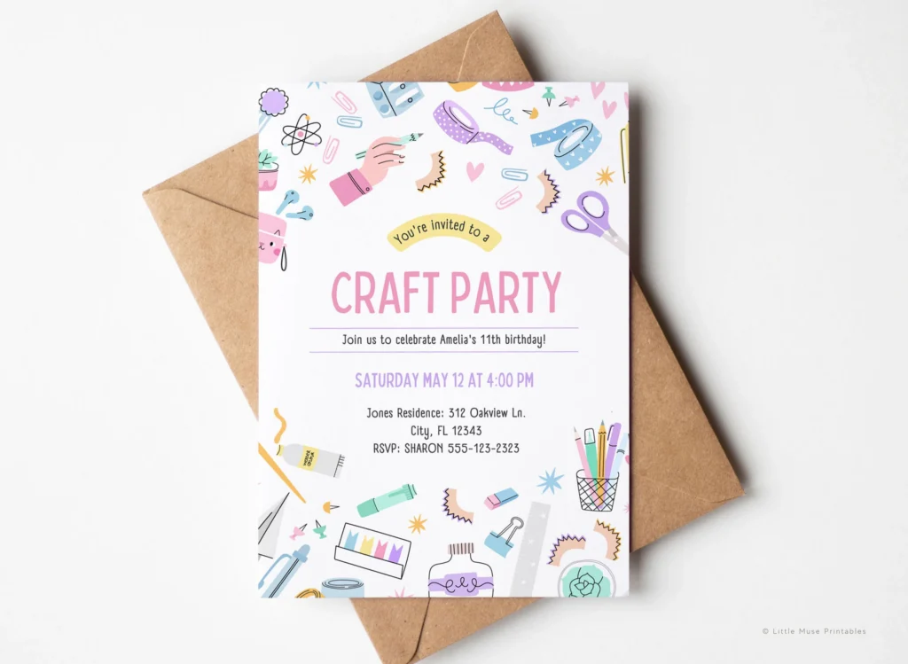 Girls Craft Party Invitation Editable