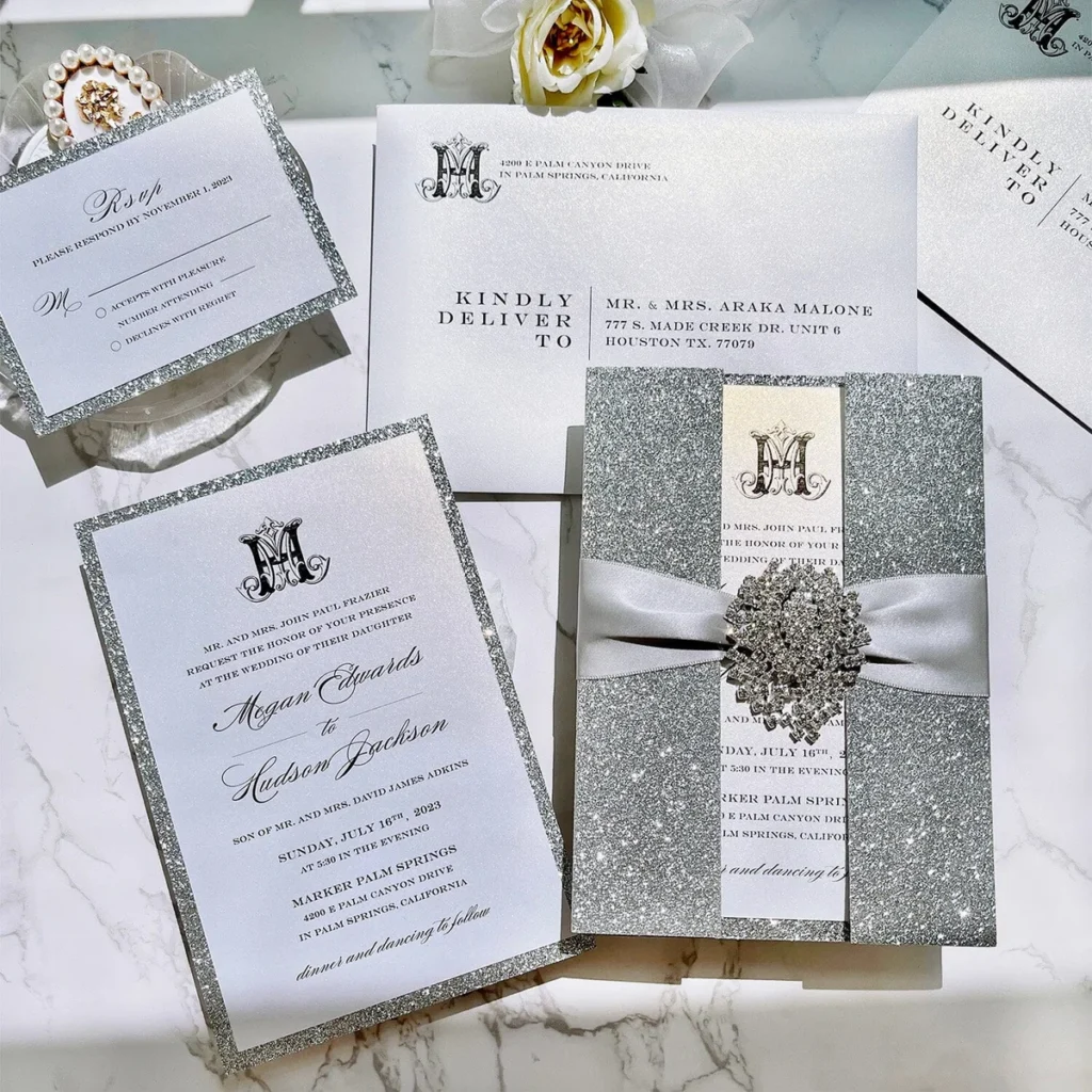 Luxury Glitter Silver And Gold Foil Boxed Wedding Invitations Elegant Glitter Double Layer Invites With Diamonds Customized Monogram Invitation With Rsvp