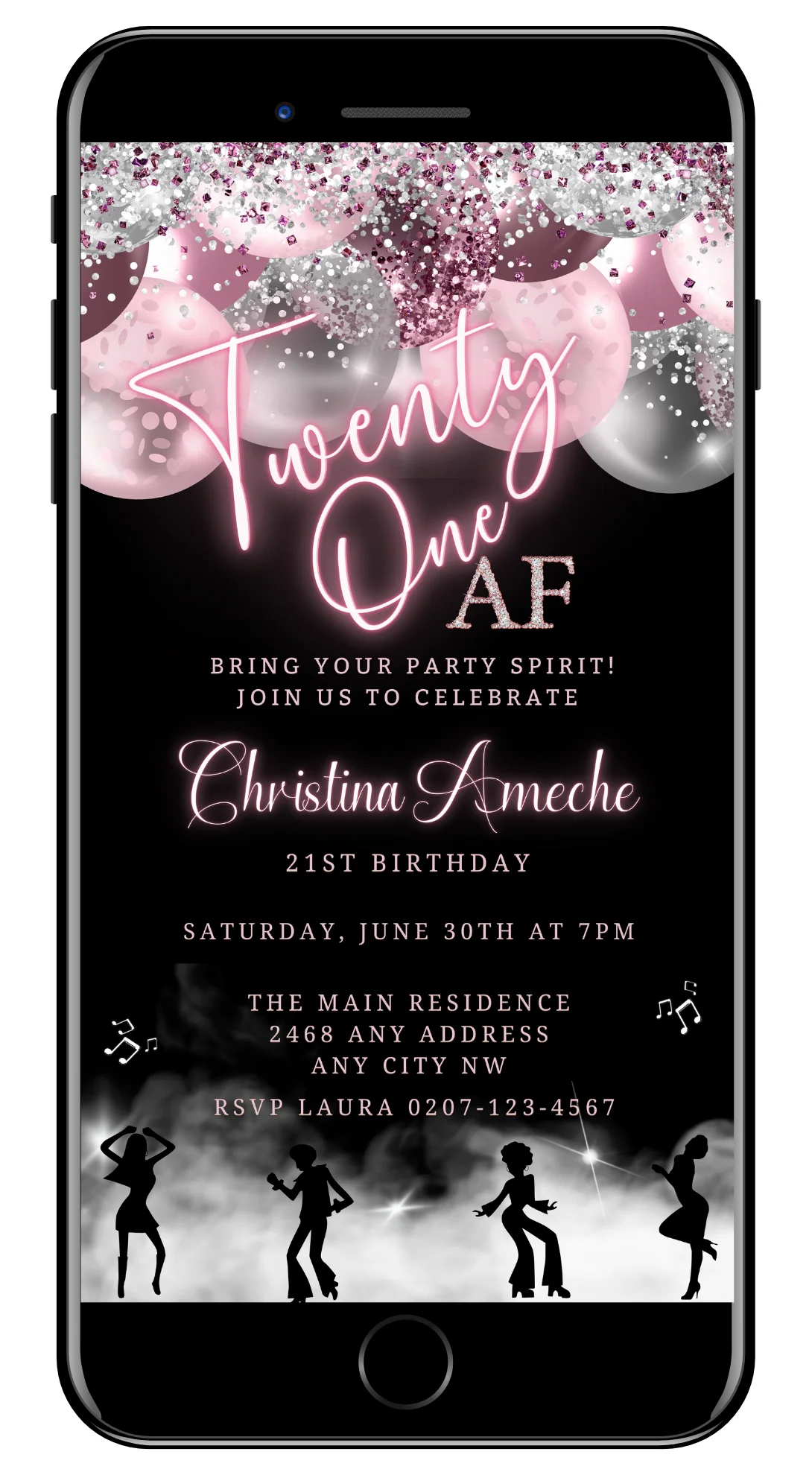 Mauve Pink Silver Neon 21af Birthday Video Evite