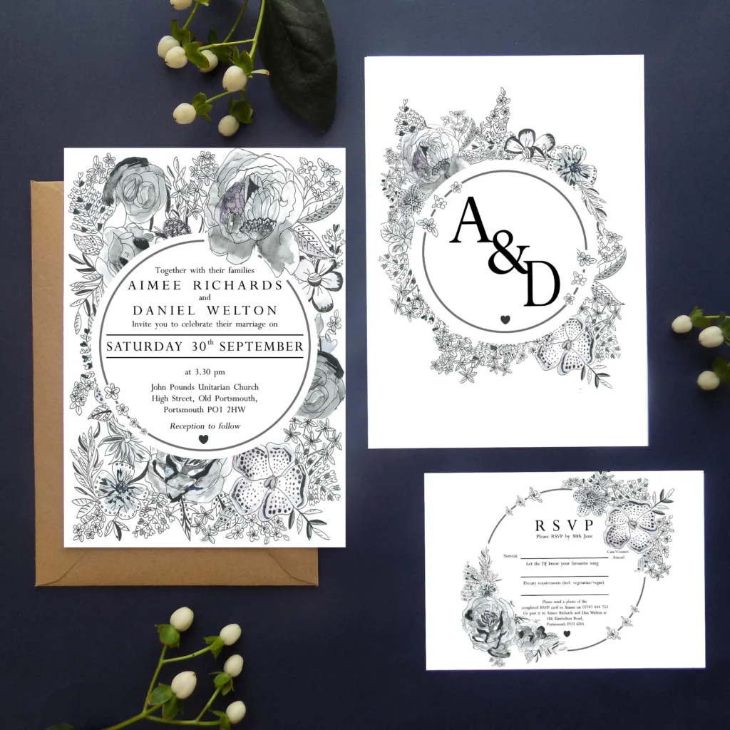 Monochrome Printable Floral Wedding Invitation Suite