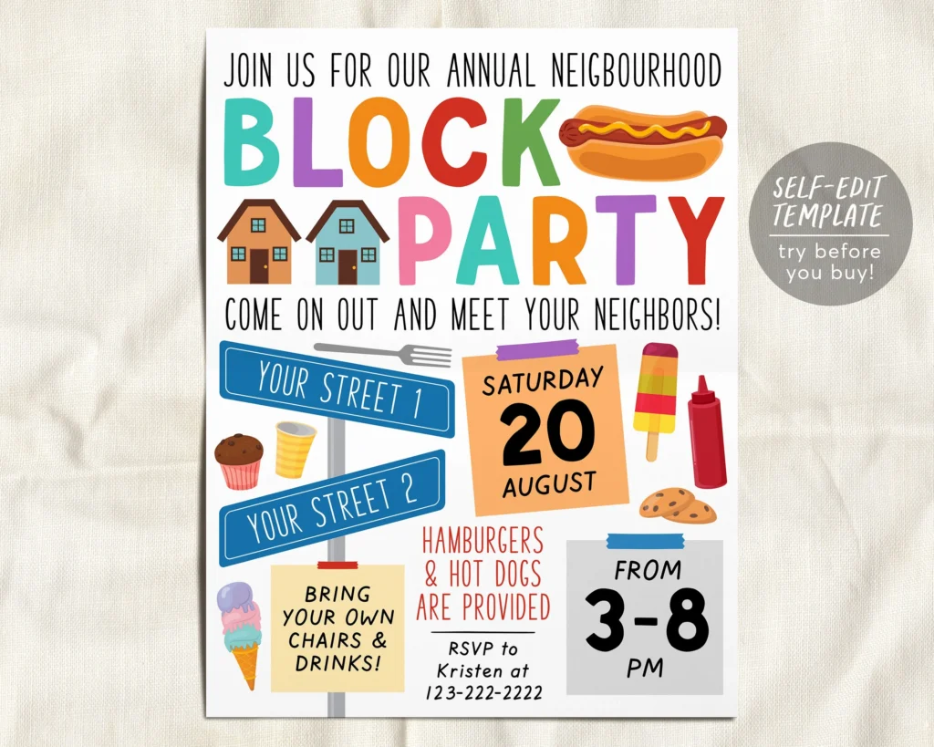 Neighborhood Block Party Invitation Editable Template Neighborhood Open House Bbq Picnic Summer Party Flyer Street Party Community Dinner 349371339