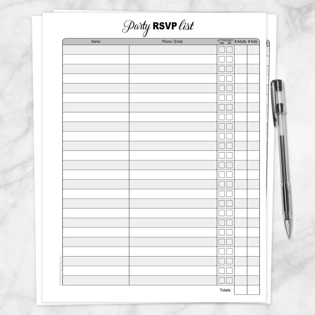 Party Rsvp List Printable