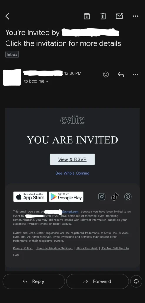 Please Help Evite Invitation Phishing Scam