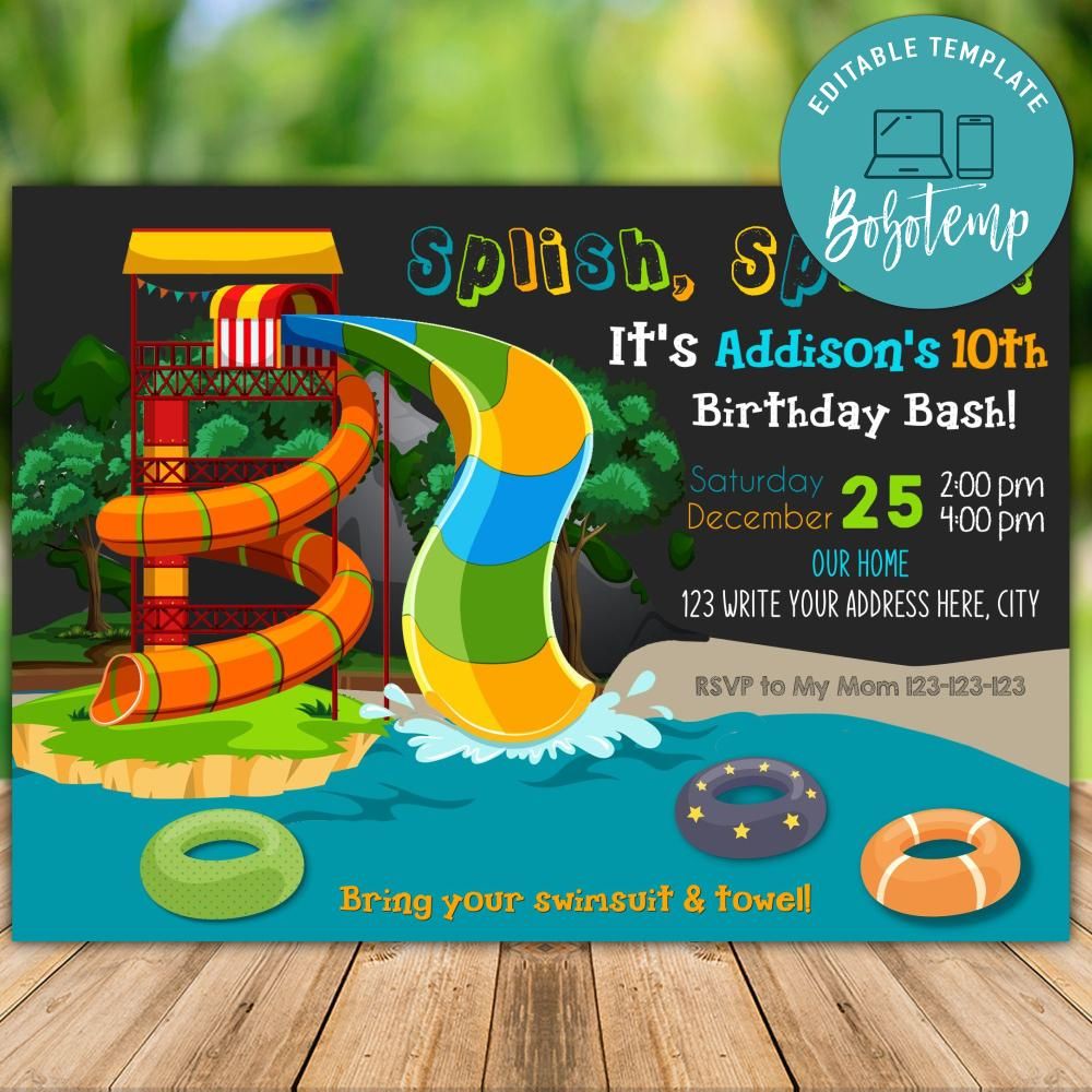 Printable Waterpark Birthday Party Invitation Instant Download