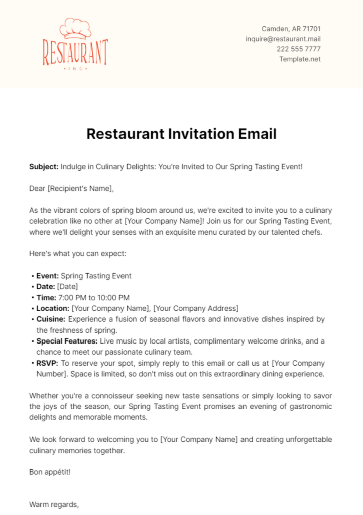 Restaurant Invitation Email
