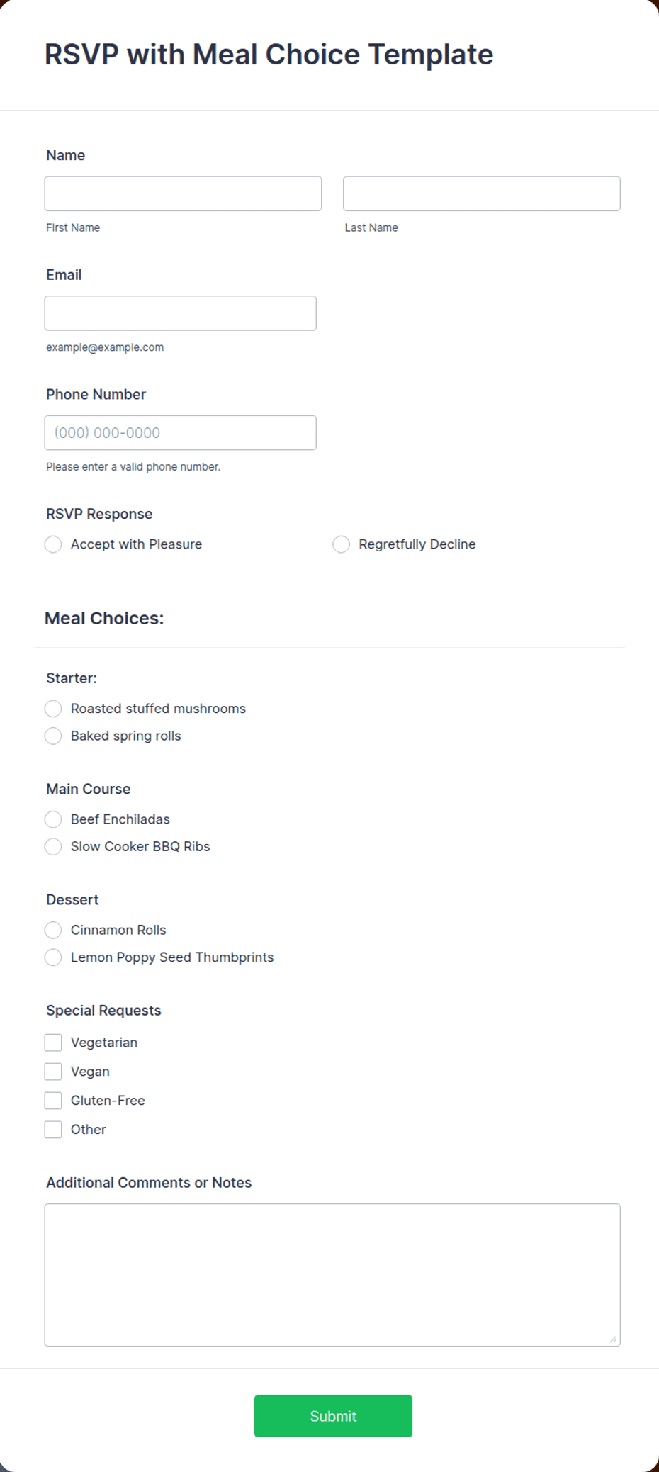 Rsvp With Meal Choice Template