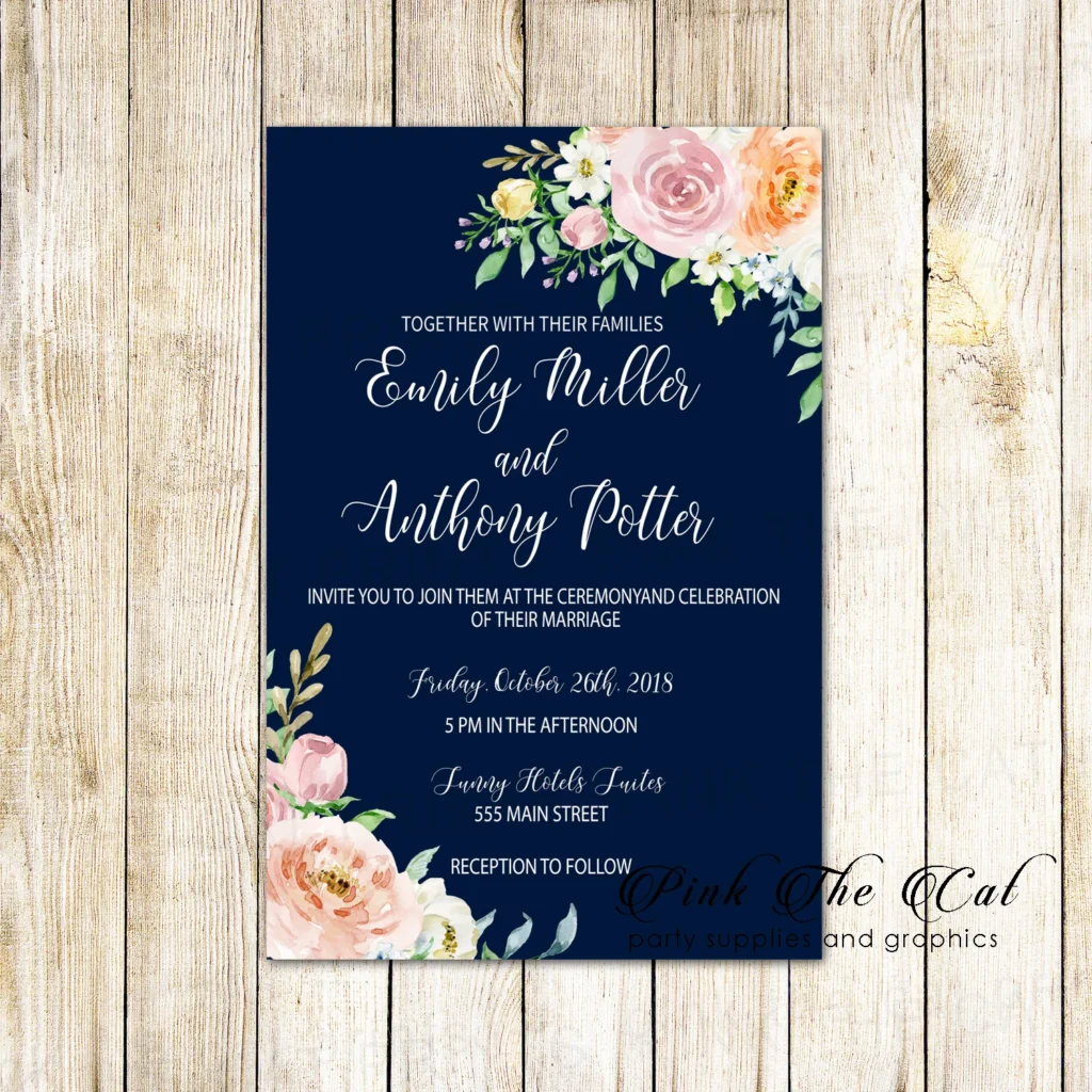 Wedding Invitations Navy Blue Blush Pink Floral Rsvp Printable Wedding Invitations Navy Blue Blush Pink Floral Rsvp Printable